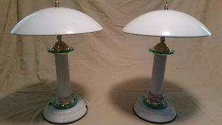 2 Vintage Deco Style 18” White & With Green Accent Desk Touch Lamp Night Light