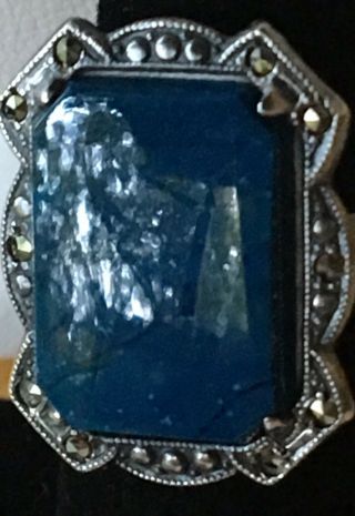 Gorgeous Vintage Uncas Art Deco Blue Sterling Silver Marcasite Ring Size 6.  5