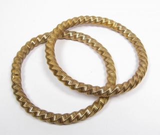 2 Vintage Brass Tone Mesh Metal Tube Spring Stretch Bracelet Set