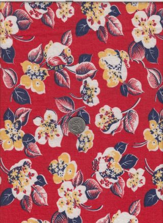 Vintage Feedsack Red Navy Yellow Floral Feed Sack Quilt Sewing Fabric