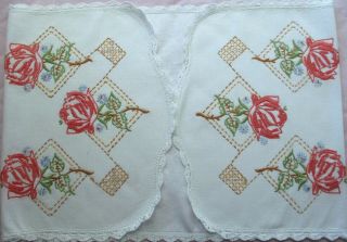 Vintage Embroidered Pink Roses Table Runner Or Dresser Scarf