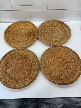Set Of 4 Vintage Wicker Rattan Bamboo Paper Plate Holders 10” 2