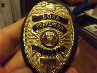 VINTAGE OBSOLETE LOSS PREVENTION SHIELD BADGE WITH LEATHER BELT CLIP 2