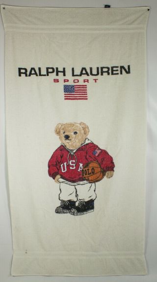 Vintage Ralph Lauren Polo Sport Beach Towel White Red Basketball Polo Bear 90 