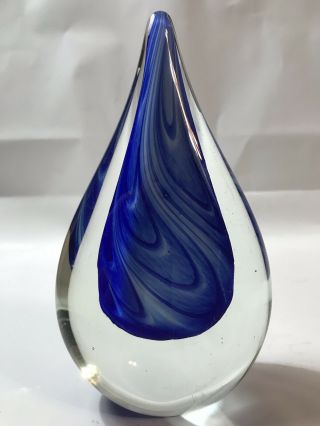 Vintage Studio Art Glass Paperweight Teardrop Clear With Blue And White Swirls
