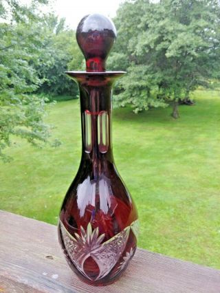 Vintage Czech Bohemian Ruby Red Cut To Clear Decanter W/glass Stopper