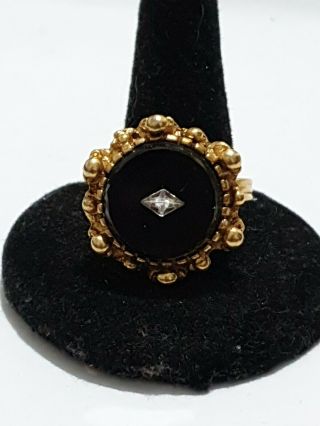Vintage Art Deco Damascene Black Glass And Paste Stone Gold Plated Ring
