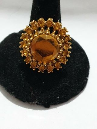 Vintage Art Deco Citrine Glass Paste Stone Ring Gold Tone Adjustable