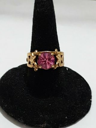 Vintage Art Deco Pink Paste Glass Ring Gold Tone Adjustable