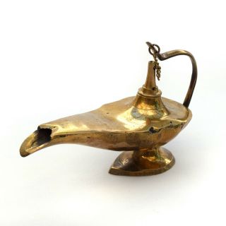 Vintage Primitive Rustic Solid Brass Genie Lamp Incense Burner With Chained Lid