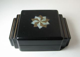 Vintage Black Lacquer Korean Box | Art Deco Geometric Inlay Box Korea Asian