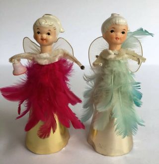 Vintage Paper Mache Christmas Angels With Feathers Shelf Sitters Or Ornaments