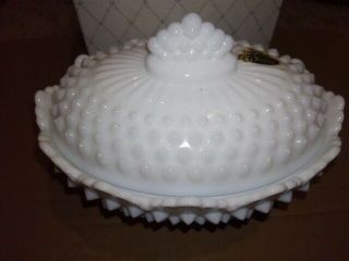 Vintage Fenton Milk Glass Hobnail Covered Dish Bowl With Sticker