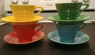 4 Vintage Homer Laughlin Harlequin Fiesta Cups/saucers - Turquoise,  Grn,  Ylw,  Rose