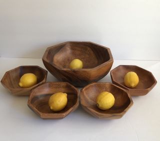 Vintage Solid Walnut Wooden Octagon Salad Fruit Food Serving Bowl Set W/ 4 Bowls