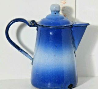 Antique Vintage Enamel Porcelain Coffee Pot - Blue - 6 Inches Tall
