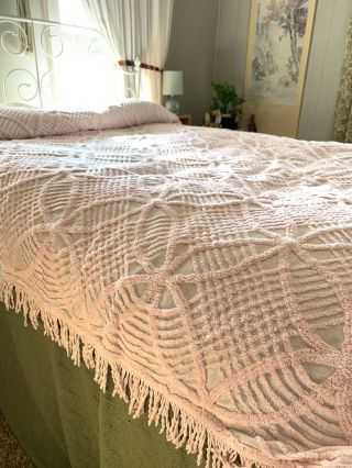 Vintage JC Penny Pink Chenille Cover Bedspread Full/Queen 5