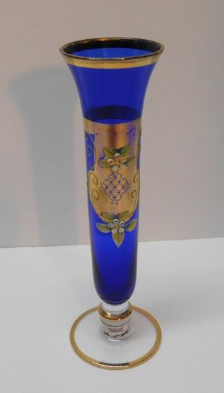 Cobalt Blue Bud Vase Applied Flowers Gold Accents Vintage