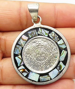 Mexico 925 Sterling Silver - Vintage Abalone Aztec Sun Calendar Pendant - P5777