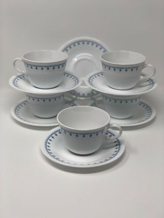 Vintage Corelle Livingware Blue Snowflake Garland Set Of 5 Cups & Saucers