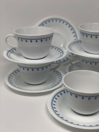 Vintage Corelle Livingware Blue Snowflake Garland Set of 5 Cups & Saucers 2