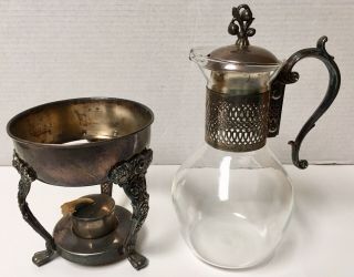 Vintage 1960 Ornate Silver Plated & Glass Coffee Carafe Pot W/ Warmer Stand 4 - Pc