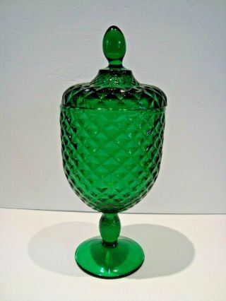 Vintage Emerald Green Diamond Quilt Covered Footed Candy Dish & Lid