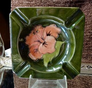 Vintage Moorcroft Pottery Hibiscus Ashtray 4 5/8 In.  Square W/label