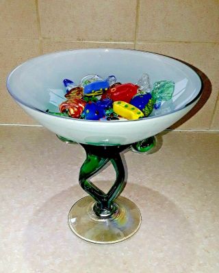 Vintage Art Glass Footed Bowl - Murano - With 10 Large Glass Bon Bon Sweets