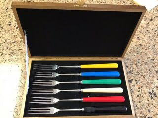 Vintage Fondue Fork Set Of 6 Japan Assorted Colors Bakelite Handle 9.  5”