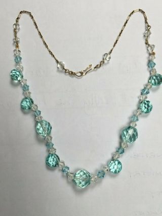 Vintage Art Deco 1930s To 1940s Zircon Blue Glass Bead & Rolled Gold Necklace