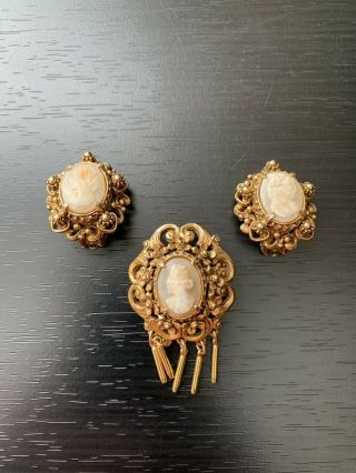 Vintage Signed Florenza Goldtone Carved Cameo Brooch & Earrings Set