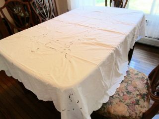 Vintage White Tablecloth Cut - Work,  Needle Lace & Embroidery,  64 x 79 
