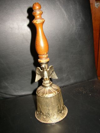 Large Vintage/antique Brass Bell With Eagle And Wood Handle