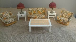 Vintage Lundby Dollhouse Furniture Couch Sofa Loveseat Chairs Floral Set Rare