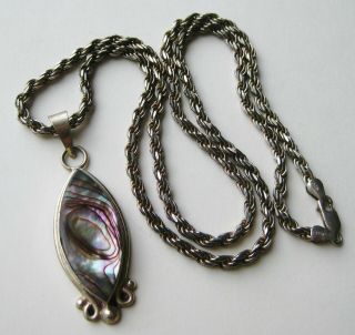 Fine Vintage Sterling Silver Abalone Necklace Pendant & Heavy Gauge Chain 37g