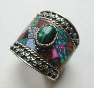 Vintage Sterling Silver Fimo Polymer Clay Malachite Band Ring 9