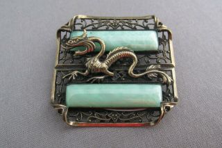 Vintage Asian Brass 3d Dragon Green Satin Nacre Bar Glass Filigree Pin Brooch