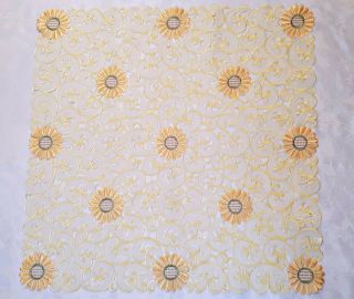 Vintage Floral Art Daisies Cut Embroidery Yellow Orange Green Square Tablecloth