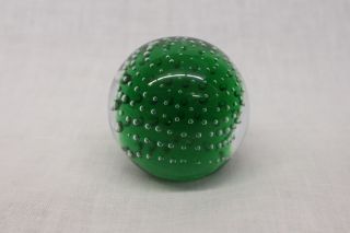 Vintage Mantorp Green Controlled Bubble Art Glass Round Paperweight,  Sweden