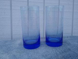 Set Of 2 Vintage Etched Leaf Cobalt Blue Tall Cooler Tumbler Goblet Glasses