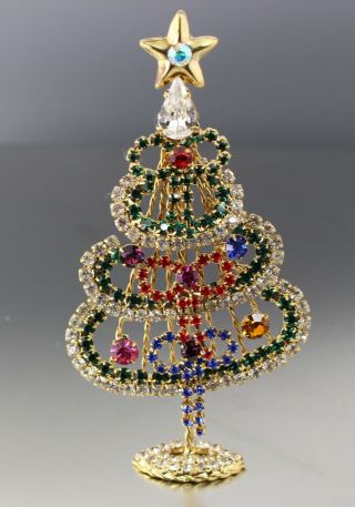 Vintage 80’s Multi Color Crystal Glass Rhinestone Christmas Tree Brooch Pin