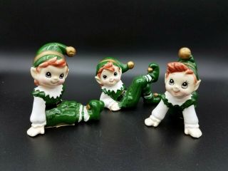 Vintage Lefton Elves; Set Of 3; Green & Gold Santa 