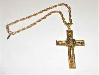 Vintage Whiting & Davis Necklace Gold Tone Chain Huge Etruscan Cross Pendant