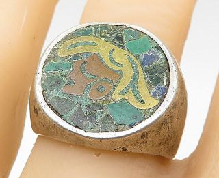 Mexico 925 Silver - Vintage Turquoise Two Tone Detail Band Ring Sz 8 - R9261