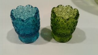 2 - Vintage L E Smith Button & Daisy Blue And Green Pressed Glass Toothpick Holder