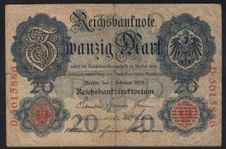 1908 20 Mark Germany Old Vintage Paper Money Banknote Currency Bill Cash P 31 F