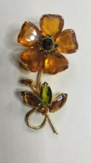 Vintage Brooch Pin Amber With Brown And Green - Daisy Flower Gold Tone