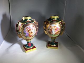 Vintage 6” Victorian Urns Swivel Teal Green Rose Pink And Yellow W Gold