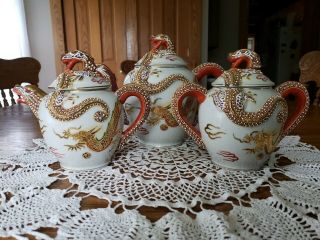 Vintage Gold Dragonware Asian Moriage Satsuma Porcelain Teapot Creamer Sugar Set